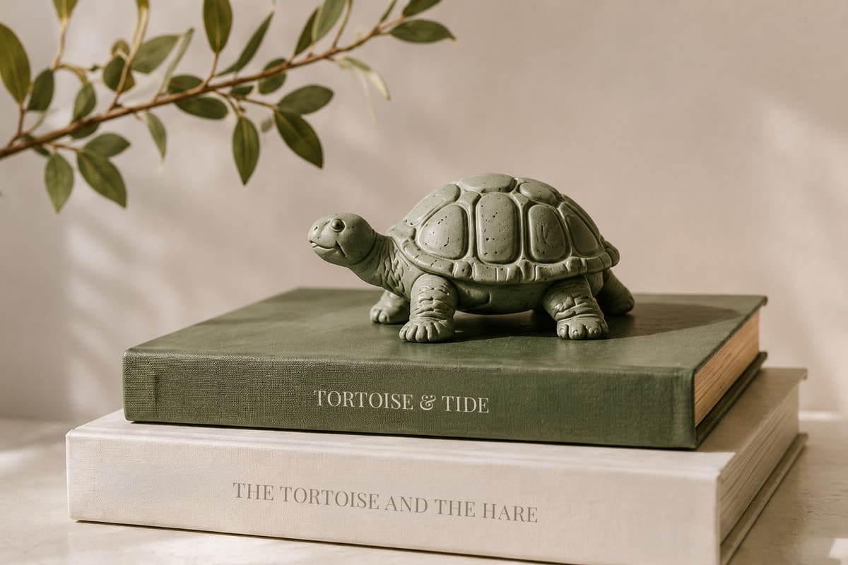 Tortoise sculpture resting on books